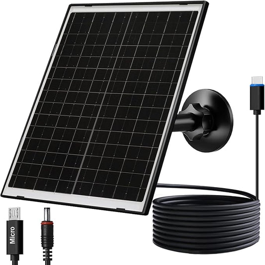 Zivif 10W USB-C Solar Charger with Glass Panel, USB Solar Panel for Security Cameras, with DC 5.5x2.1mm & Micro USB Port, IP66 Waterproof with Adjustable Mount & 7.2FT Cable