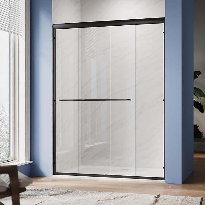 SUNNY SHOWER Double Sliding Glass Door 54" W x 72" H Shower Door 1/4" Tempered Glass Sliding Door Semi-Frameless Shower Glass Enclosure Bypass Walk in Shower Cabin, Matte Black