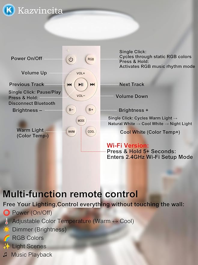 BT-Version LED Ceiling Light with Speaker 40W 13Inch Music Ceiling Lamp with Remote Control Adjustable Brightness & Color Temperature RGB Ambient Lighting for Kids Room Bedroom and More