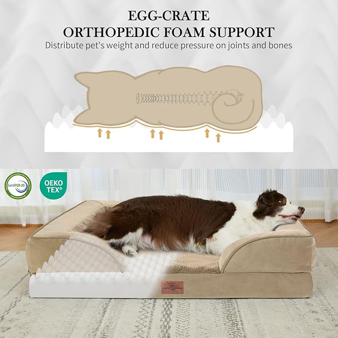 Comfort Expression Orthopedic Dog Bed for Extra Large Dogs 53x42 Inch, Waterproof Egg Crate Foam XXL Pet Bed with Removable Bolsters, Dog Couch with Washable Cover & Non-Slip Bottom, Light Brown