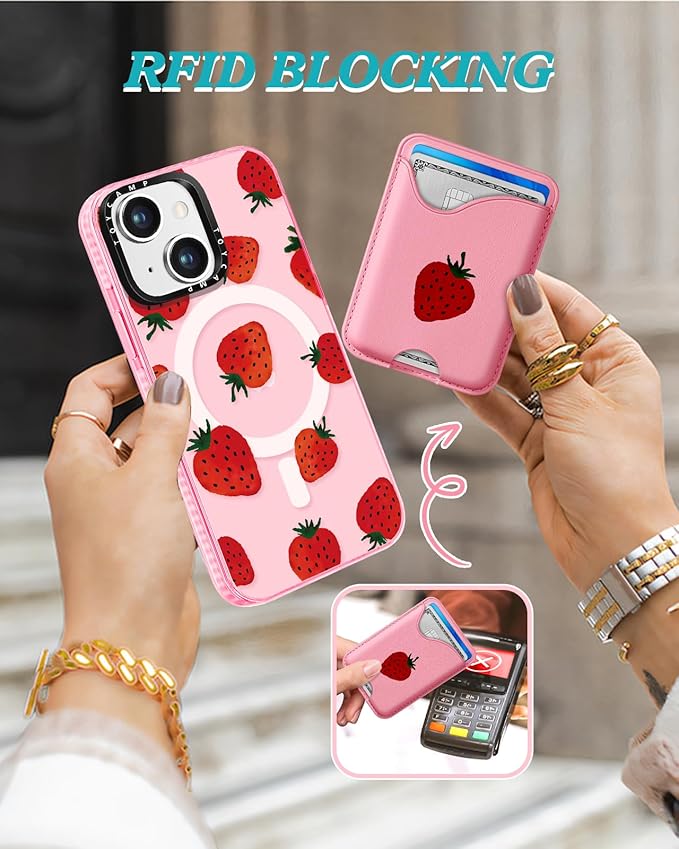 Toycamp for iPhone 14 Case, for iPhone 13 Case - Compatible with Magsafe Credit Card Holder Wallet Magnetic Cute Women Teen Girls Kawaii Girly Unique Strawberry Design Phone Cover for iPhone 14/13