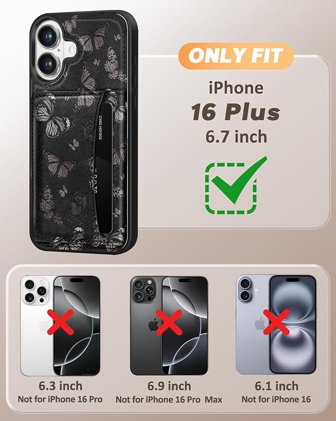 for iPhone 16 Plus Case with Wallet - Fits 4 Card Slots, Compatible with MagSafe for Women Aesthetic PU Leather Credit Card Holder Kickstand Phone Cover for Apple 16 Plus, Black Butterfly