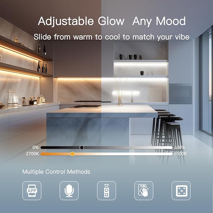 12'' Aluminum Under Cabinet LED Lights, 6-Pack Ultra-Slim Bars, Plug-in & Wired Touch Dimmer, Adjustable 2700K-6500K Color Temp, Seamless Linkable, Easy Install for Kitchen/Closet/Shelf