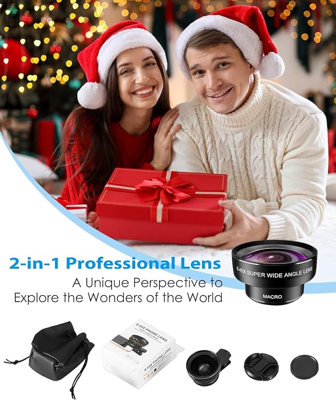 AMIR Phone Camera Lens, 0.45X Super Wide Angle Lens for iPhone Lens Kit, 15X Macro Clip-On 2 in 1 Professional Lens Kit for iPhone, Samsung, Google and Most of Android