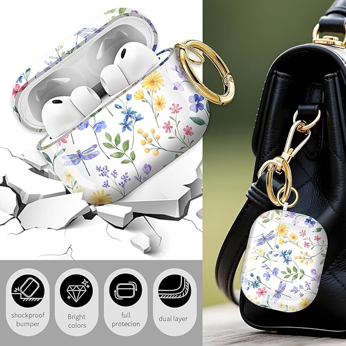 Cute Hard Case Compatible with AirPods Pro 3rd Generation Case (2025), Shockproof Protective Cover with Golden Keychain Ring Clip (Watercolor Flowers)