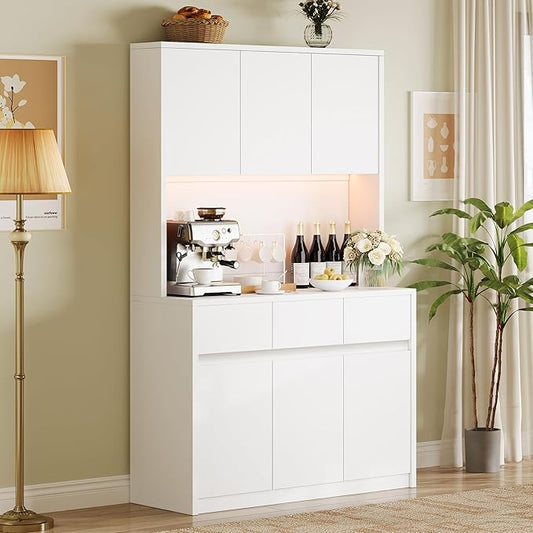 Garvee Kitchen Pantry Cabinet,71 in Tall Storage Cabinet with Doors&Shelves Adjustable, Kitchen Storage Hutch with Microwave Shelf, Led Lights&Charging Station,Corner Pantry Cabinet