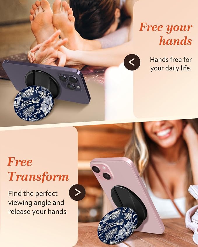 Kidcube Magnetic Phone Grip Compatible with Magsafe - Cell Phone Grip Stand Ring Holder Magnet Kickstand Removable Accessories for iPhone 16 Pro Max/16/15/14/13/12 Series Women Cute Blue Floral