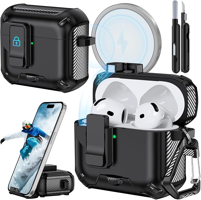 for AirPods 4 Case (2024) with Phone Stand,（with Automatic Snap Switch） Carbon Fiber Design Protection Cover with Cleaning Pen,Black