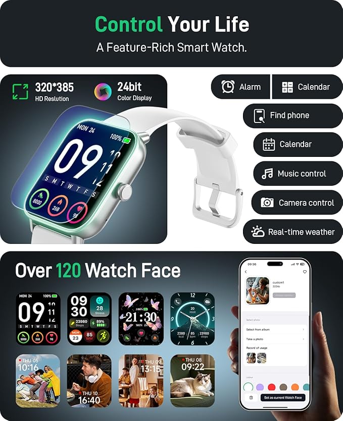 Smart Watch for Android Phones/iPhones, 1.85" HD Smart Watches for Women/Men with Heart Rate/SpO2/Sleep Monitor, 3ATM Waterproof Fitness Tracker Watch with 120 Sport Modes, Health Tracker, Gift