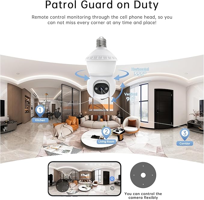Smart Light Bulb Security Camera,5G&2.4G Security Cameras Wireless Outdoor,2K Light Bulb Camera, 360° Camera for Home Security,AI Detection,Smart Night Vision, Two-Way Audio,Work with Alexa