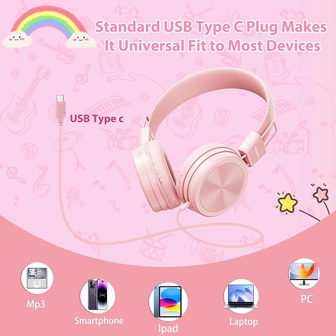 USB Type C Kids Headphones for School, 94dB Volume Limited, Kids Headphones with USB C Cord, HD Stereo Sound, Foldable Lightweight On-Ear USB-C Wired Headphones for Boys/Girls, Light Pink
