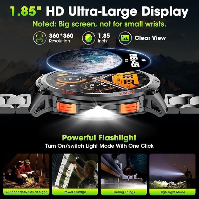 Military Smart Watches for Men, 1.85" HD Large Screen Smart Watch, Flashlight/730mAh/110+ Sports Modes Fitness Tracker Watch, Waterproof Mens Smart Watch for Android Phones iPhone Compatible