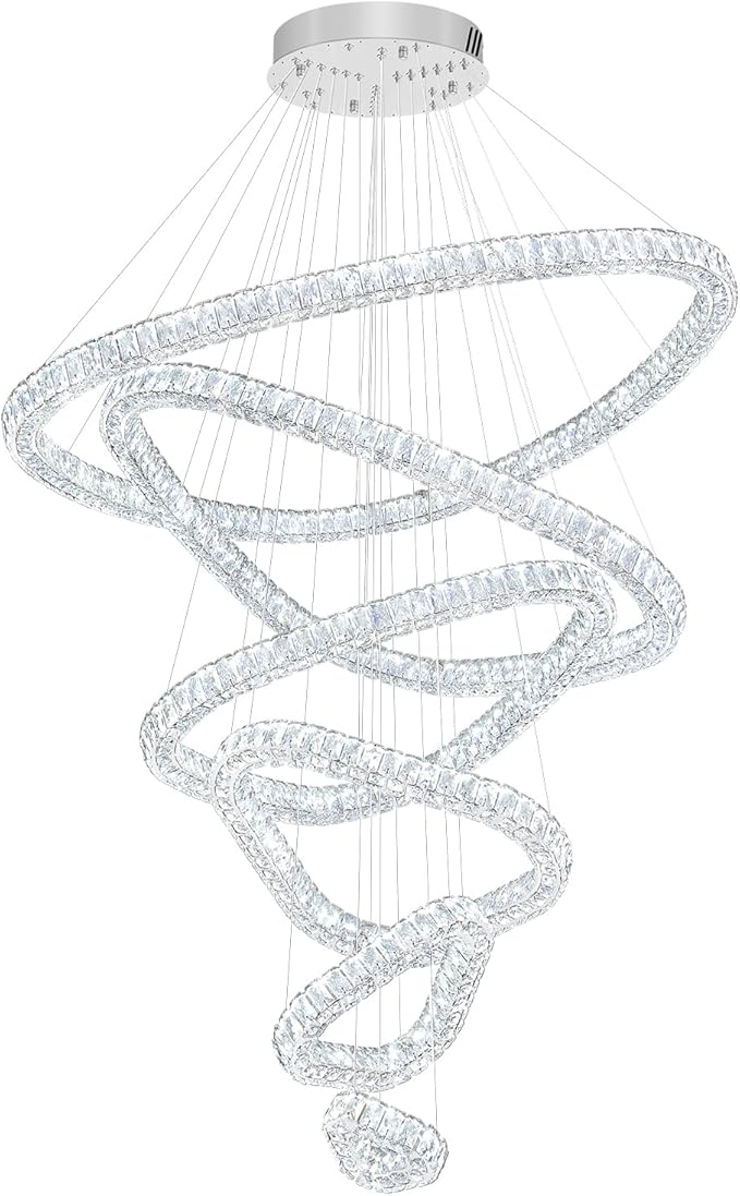 Flashing God Modern 6 Ring Crystal Chandeliers for High Ceiling Large Foyer Chandeliers LED Dimmable Crystal Ceiling Light Fixtures for Entryway Living Room Staircase Sliver