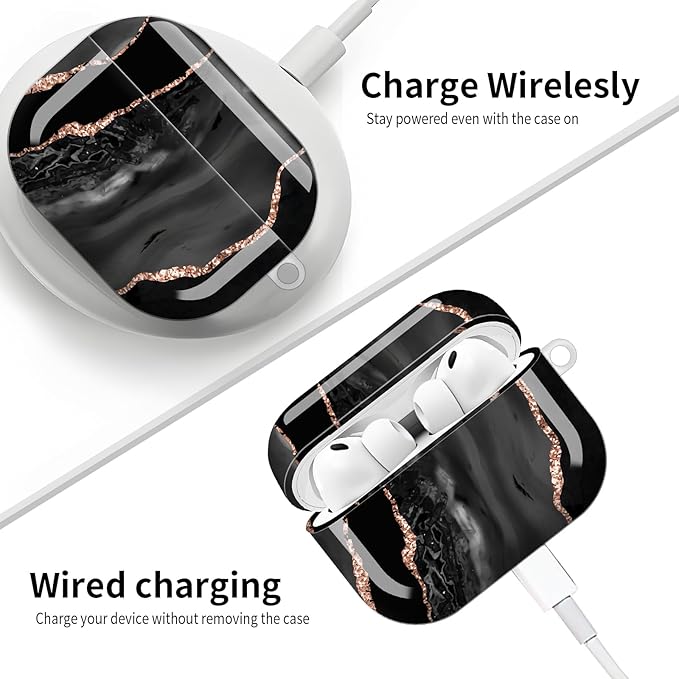 Compatible with AirPod Pro 3 (2025),Cute Case Cover for Women & Men, Full Protection Shockproof Hard Case with Keychain, Wireless Charging Case Accessories(Black Rose Gold Marble)