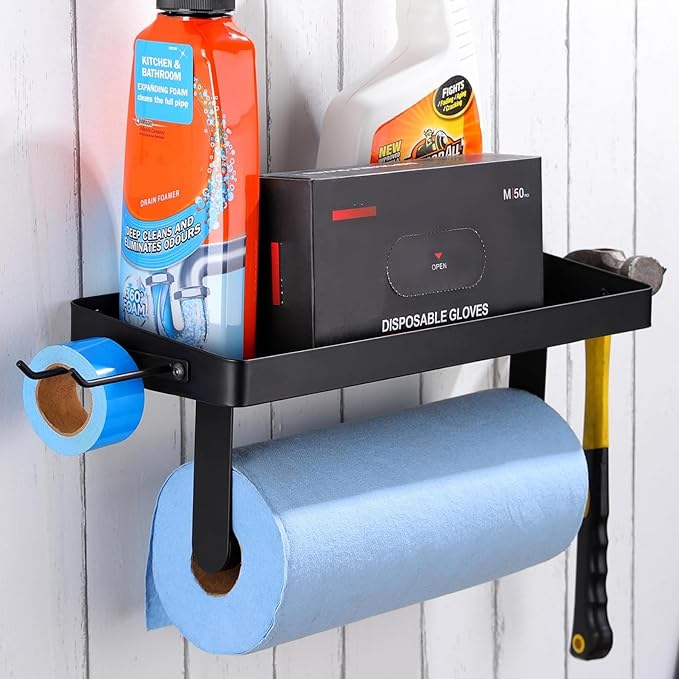 YIGII Garage Paper Towel Holder with Shelf - Wall Mount Papertowel Holder with 4 Hooks, Single-Hand Tear Paper Towel Rack Heavy Duty Tissue Holder for Clean Station, Craft Room, Workbench (Black)