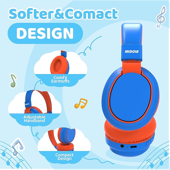 MIDOLA Kids Headphones Wireless Bluetooth 5.4 68H Play Time Volume Limit 85/94dB Over-Ear Foldable Headset,Type-C Fast Charging,with Wired Aux Mic for Toddler Boy Girl Pad Tablet Blue