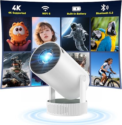 Mini Projector with WiFi and Bluetooth, Built-in Rechargeable Battery Support 4K Auto Keystone 220° Rotation, Outdoor Movie Smart Projector for Bedroom/Home Cinema Compatible w Phone/TV Stick/HDMI/USB