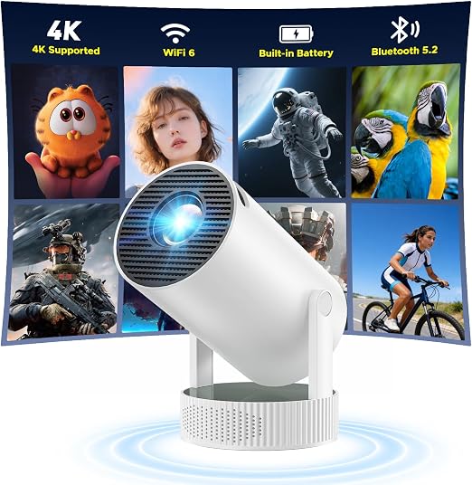 Mini Projector with WiFi and Bluetooth, Built-in Rechargeable Battery Support 4K Auto Keystone 220° Rotation, Outdoor Movie Smart Projector for Bedroom/Home Cinema Compatible w Phone/TV Stick/HDMI/USB