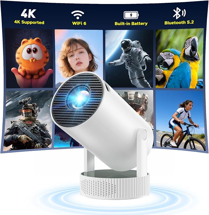 Mini Projector with WiFi and Bluetooth, Built-in Rechargeable Battery Support 4K Auto Keystone 220° Rotation, Outdoor Movie Smart Projector for Bedroom/Home Cinema Compatible w Phone/TV Stick/HDMI/USB