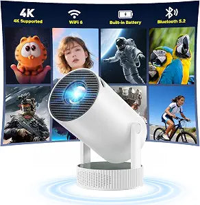 Mini Projector with WiFi and Bluetooth, Built-in Rechargeable Battery Support 4K Auto Keystone 220° Rotation, Outdoor Movie Smart Projector for Bedroom/Home Cinema Compatible w Phone/TV Stick/HDMI/USB