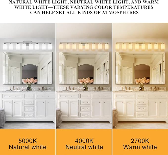 8 Light Bathroom Vanity Light, Brushed Nickel Bathroom Light Fixtures Over Mirror with Milky White Frosted Glass Shades, E26 Socket Modern Vanity Lights Wall Sconce for Bathroom Living Room Bedroom