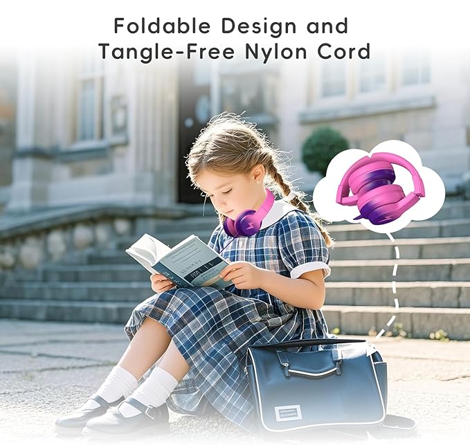 Kids Headphones, Wired Headphones for Kids Over Ear with Microphone, 85/94dB Volume Limiter Headphone for Girls Boys, Foldable Headphone for Learning, Deep Purple and Pink