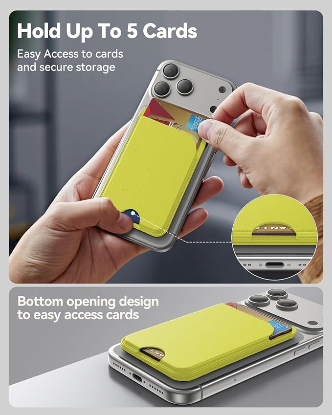for MagSafe Wallet, 5 Cards Holder with Stand, Magnetic Phone Wallet Stand for iPhone 17/16/15/14/13/12 Pro Max Air Plus Series, RFID Blocking Vegan Leather,Fluorescent Yellow