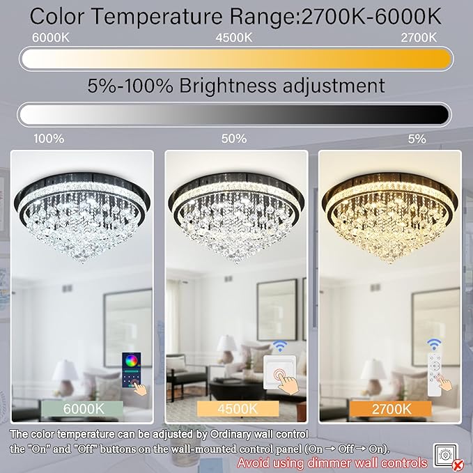 Dia 32" Modern Crystal Chandeliers for Dining Room,Black Raindrop Chandelier Flush Mount Chandeliers for Living Room Bedrooms Dining Room Dimmable 2700k 4500k 6000k