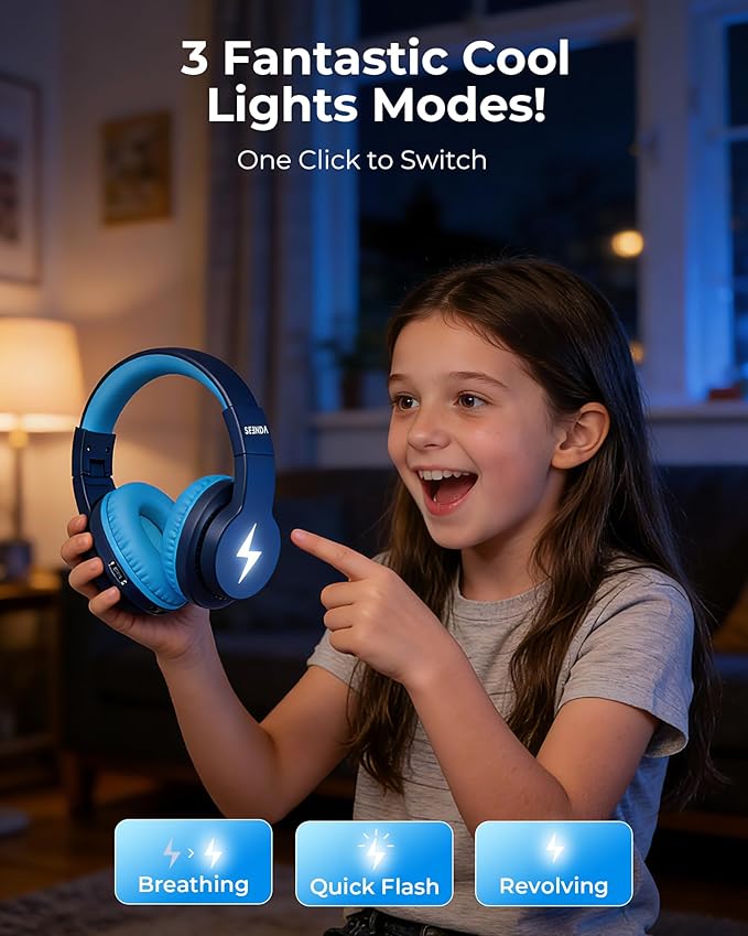 seenda Kids Bluetooth Headphones, JCH-01 Kids Wireless Headphones for School, 85/94dB Volume Limited, 45H Playtime, 3 Lighting Modes, Built-in Mic Headset with Aux Cord for iPad/Tablet, Dark Blue