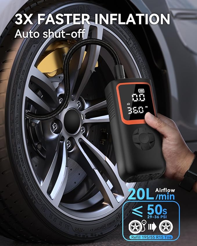 Tire Inflator Portable Air Compressor - 150PSI Cordless Air Pump for Car Tires with Pressure Gauge & LED Light, 3X Faster Inflation Electric Air Compressor for Car Bikes, Motorcycle, Ball