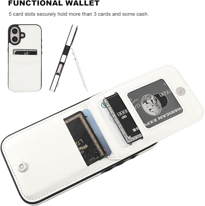 KIHUWEY Compatible with iPhone 16 Case Wallet with Credit Card Holder, Flip Premium Leather Magnetic Clasp Kickstand Heavy Duty Protective Cover for iPhone 16 6.1 Inch (White)