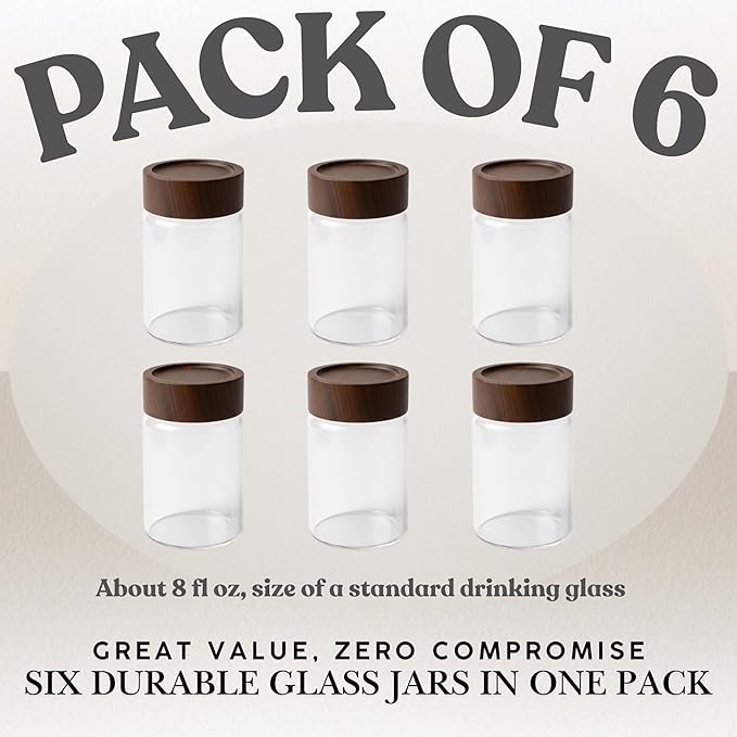 Wide Mouth Glass Storage Jars With 2.5" Acacia Wood Lids - 6 Pack of 8.5 Oz Food Storage Containers - Borosilicate Glass Canisters Sets For Kitchen - Pantry Organizers and Storage for Rice Coffee