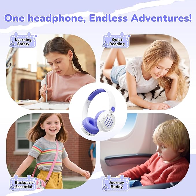 Kids Bluetooth Headphones Wireless On-Ear with USB-C Fast Charge,Microphone & 85dB Volume Limiter,Foldable Lightweight Toddler Headphones with AUX for School Travel (White)