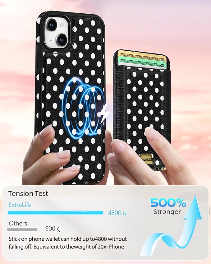 Shorogyt for iPhone 15 Wallet Case - Fits 5 Cards, Compatible with Magsafe Detachable Magnetic Credit Card Holder Leather Cardholder Cute Phone Cover Women Girls for Apple 15, Polka Dots