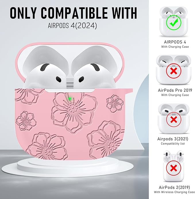 Maxjoy for Apple Airpods 4th Generation Case Cover(2024), Silicone Case with Cleaner Kit & Keychain Compatible Compatible with Airpods 4 case for Women,Men(Pink Flowers)