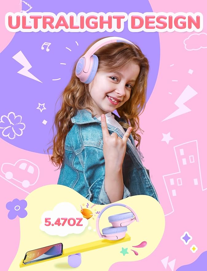 iClever Kids Headphones with Cord, 85dBA Safe Volume Wired Headphonesf or Kid, Stereo Sound Foldable Adjustable, 3.5mm Jack, Over Ear Child Headphone for School/Boys/Girls/iPad/Tablet/Travel, Pink