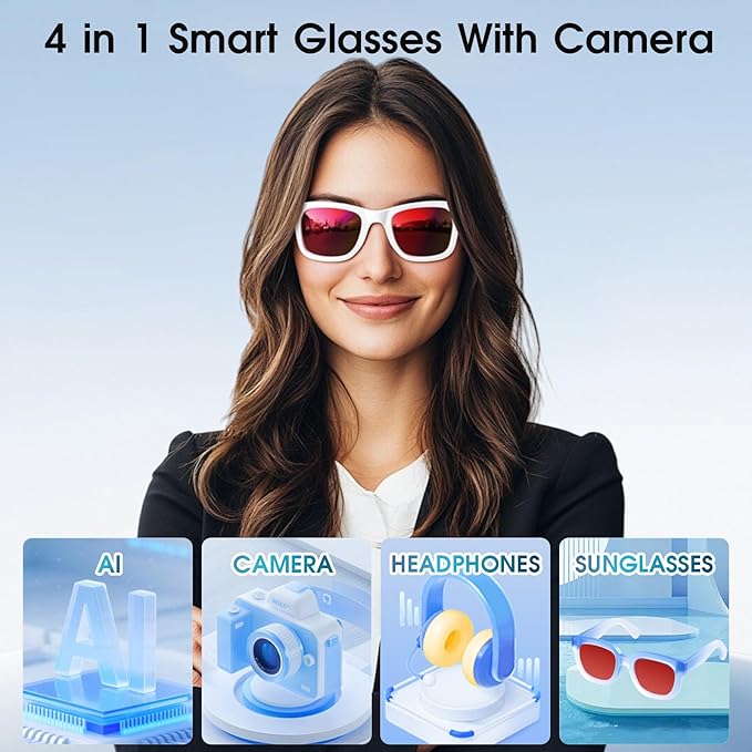 AI Smart Glasses with Camera, 8MP HD Video/Recording Camera Glasses for Men Women (139 Languages), Real-Time Translation, AI Object Recognition, IP65 Waterproof, Bluetooth Sunglasses for Vlog Travel