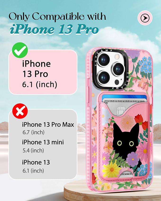 Toycamp for iPhone 13 Pro Case - Compatible with Magsafe Credit Card Holder Wallet Magnetic Cute Women Teen Girls Kawaii Girly Unique Cat Flower Design Phone Cover for iPhone 13 Pro