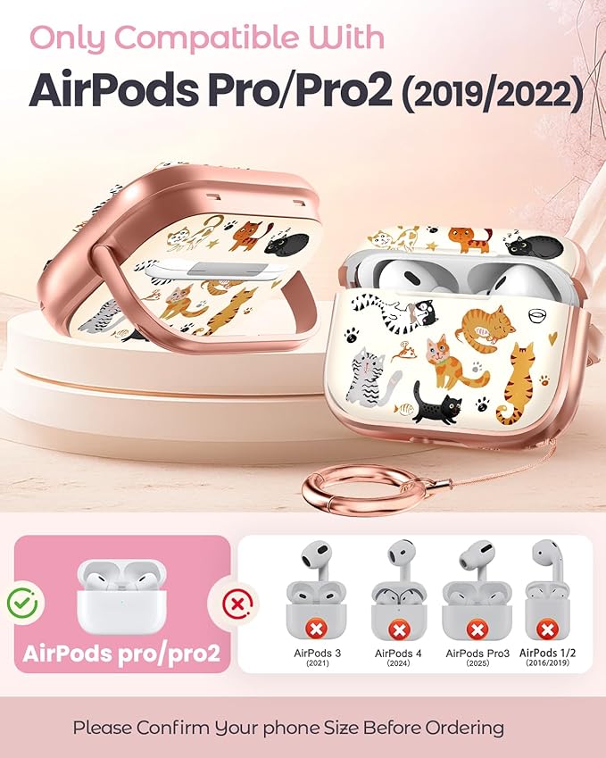 Coralogo for AirPods Pro2/Pro Case with Safety Lock - Cute Cartoon for AirPods Pro1/2 Generation for Women Girls Fashion Stylish Cats Pattern Design Kawaii Girly Girlish Hard Protective Cover