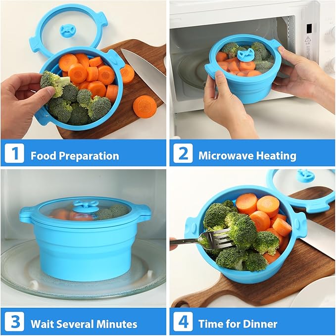 Collapsible Silicone Microwave Cookware Cooker Steamer for Cooking with Lids, 0.8L and 1.4L Glass Food Storage Container Sealed Bowl Mixing Bowls 3pc Set BPA Free