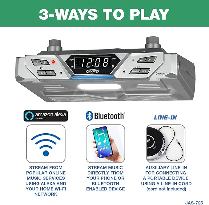 Jensen® Under Cabinet Bluetooth Music System with Alexa Far-Field and Tap to Talk