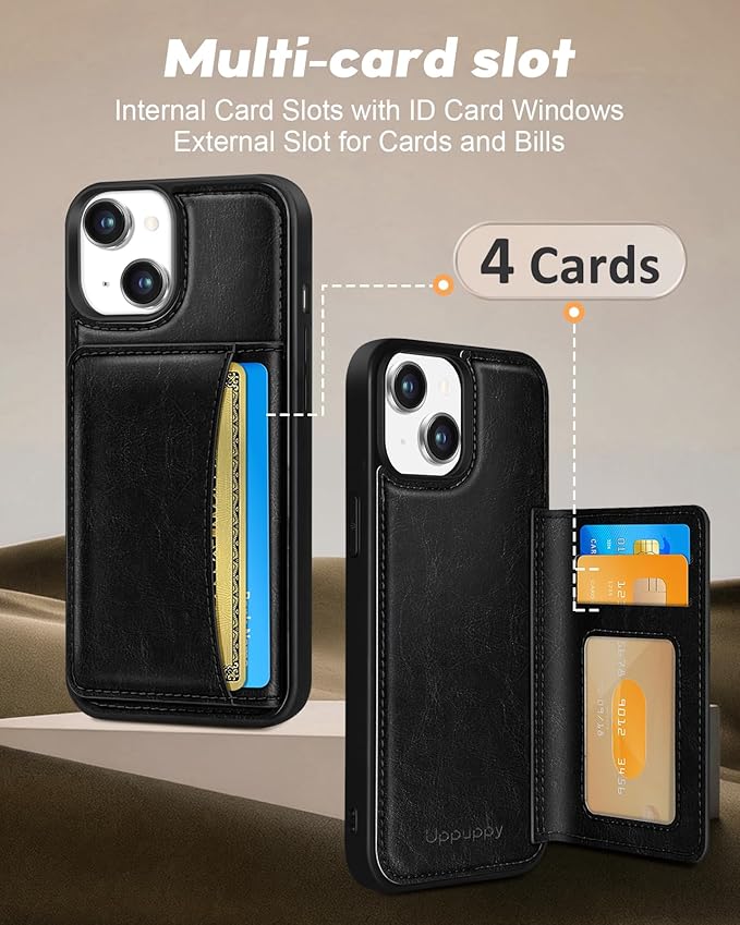 for iPhone 14 Plus Case with Wallet - Fits 4 Card Slots, Compatible with MagSafe for Women Men Men Durable PU Leather Credit Card Holder Kickstand Phone Cover for Apple 14 Plus, Black