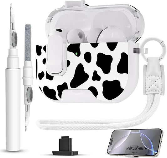 for AirPods Pro 3 Case(2025) with Secure Lock Clip and Phone Stand,Floral Girly Style Protective Cover with Cleaning Kit and Hand Strap for Apple AirPod Pro 3 Generation (White Cow)