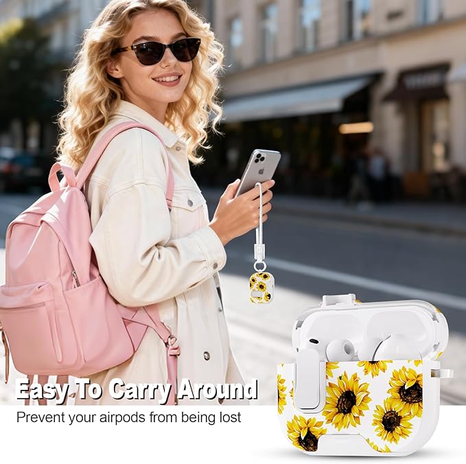 for AirPods Pro 3 Case(2025) with Secure Lock Clip and Phone Stand,Floral Girly Style Protective Cover with Cleaning Kit and Hand Strap for Apple AirPod Pro 3 Generation (White Sunflower)