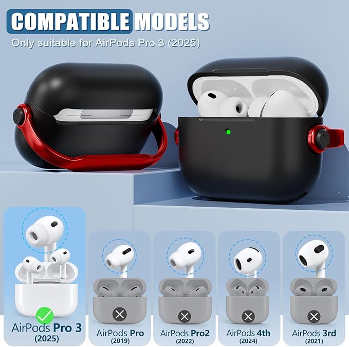 for Airpods Pro 3 Case,Safety Lock Cases for Apple Airpod Pro 3 (2025) with Cleaner Kit, Drop Protection Air pods Pro3 Case Cover for Men for Women with Keychain,Black+Red