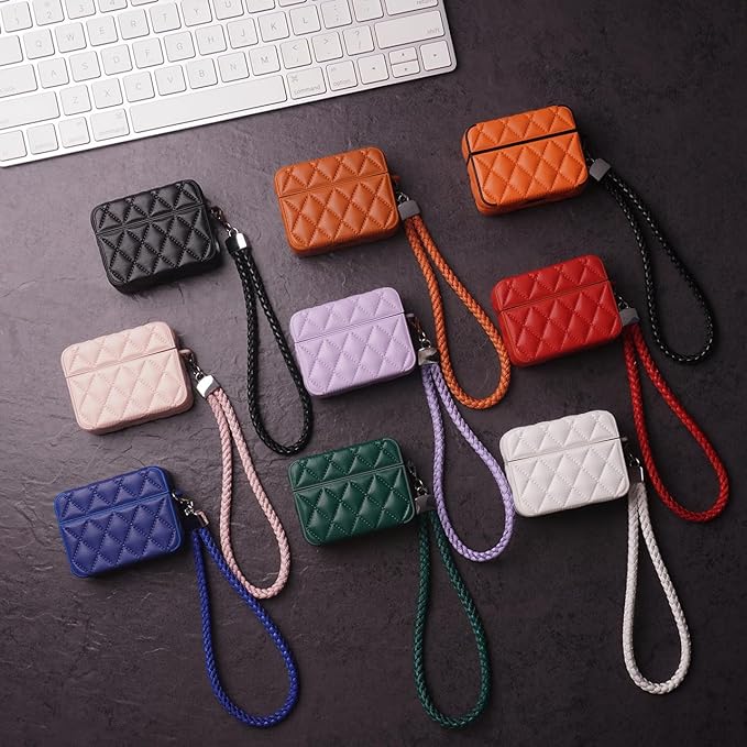 Earphone Case for AirPods Pro, Elegant Classical Diamond PU Leather Surface Earphone Case Soft Silicone Case, AirPods Pro Cover Protective Case Skin Protector for Earbuds +Lanyard-Green