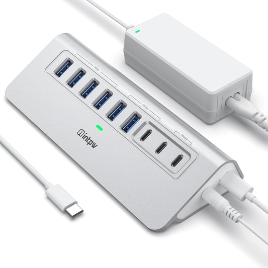 intpw Powered USB Hub 10Gbps, 9-Port USB 3.2/USB C Hub, 65W Power Adapter