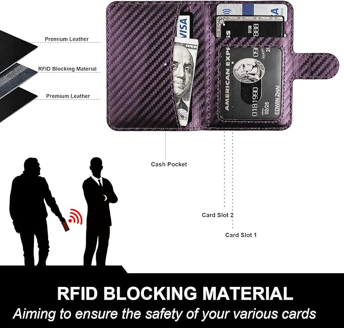 Bocasal for MagSafe Wallet Magnetic Card Holder, RFID Blocking Leather Card Slots for iPhone 17/16/15/14/13/12 Pro/Max/Plus/Air, Adjustable Kickstand Flip Mag Safe Wallet (Carbon Filber Purple)