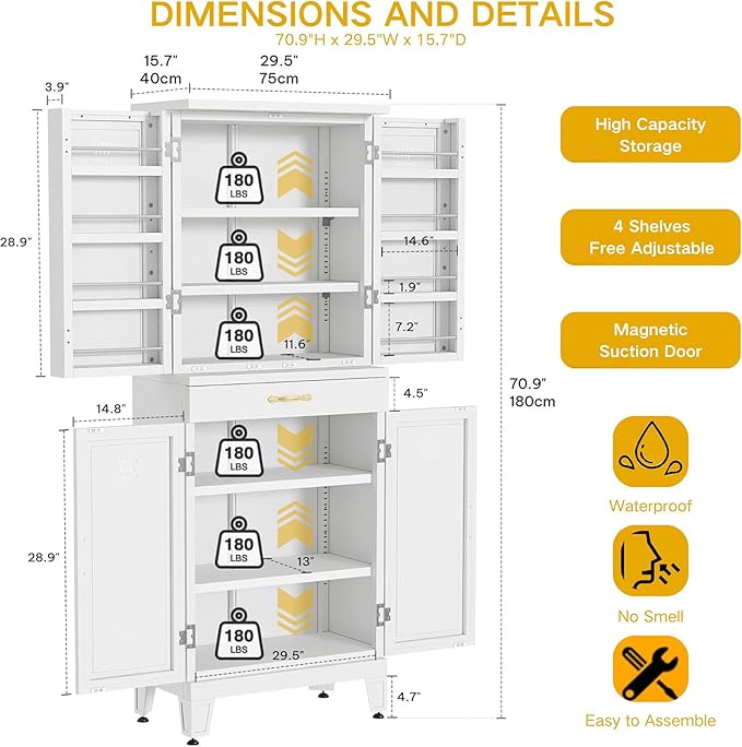 DWVO Metal Storage Cabinet, 71" Kitchen Pantry Cabinet with 4 Door & 4 Adjustable Shelves & Drawer & Door Rack, 6-Tier Tall White Steel Cabinets for Kitchen, Living Room, Dining Room