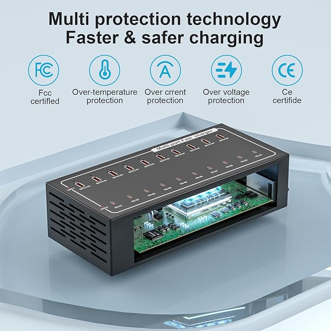 400W USB Charging Station, Charger with 10 PD Ports for MacBook Pro, iPhone, Smartphones, Tablets and Other Devices，Fast Compact Travel Adapter